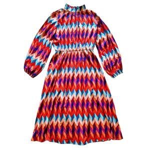 Colorful Chevron Midi Dress Boho Retro Long Sleeve XL